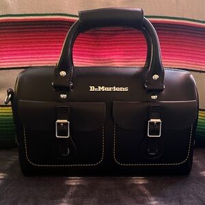 Dr. Martens Black Leather Top Handle Double Pocket Satchel with Crossbody Strap